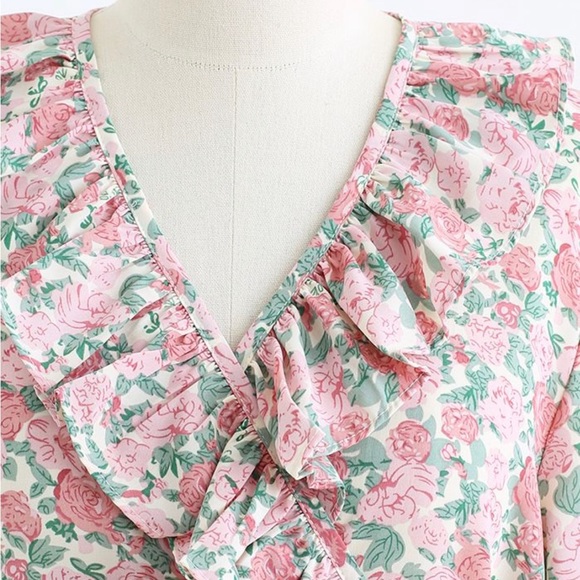 Pink Floral Ruffle Trim Wrap Midi Dress - Picture 2 of 8